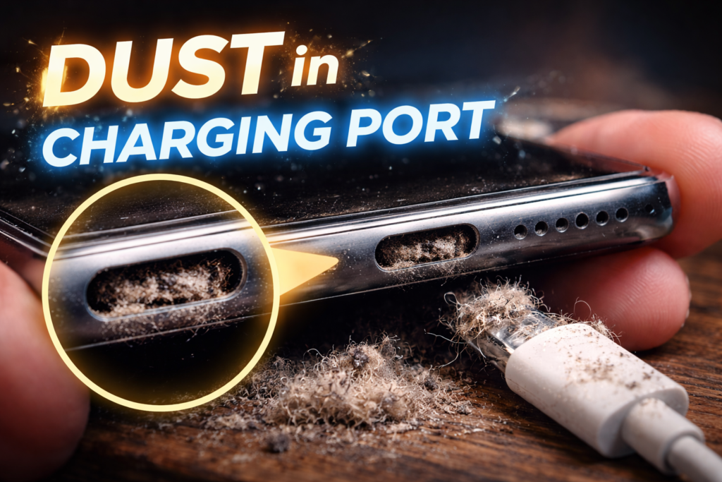 Dust inside phone charging port leading to charging issues, common repair problem in St. Charles