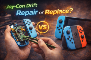 Nintendo Switch Joy-Con drift issue showing controller stick moving on its own, repair or replacement decision
