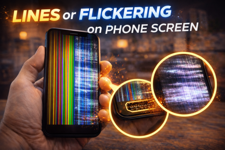 Smartphone screen showing vertical lines and flickering display indicating screen damage