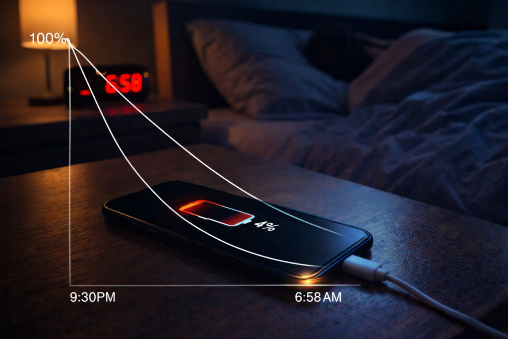 Smartphone showing low battery percentage in the morning, illustrating overnight battery drain