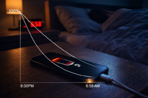 Smartphone showing low battery percentage in the morning, illustrating overnight battery drain