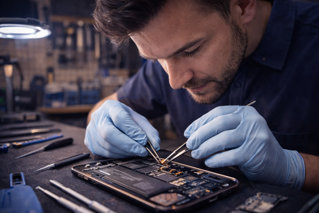 Professional smartphone repair technician fixing a damaged phone at a repair shop in St. Charles, MO