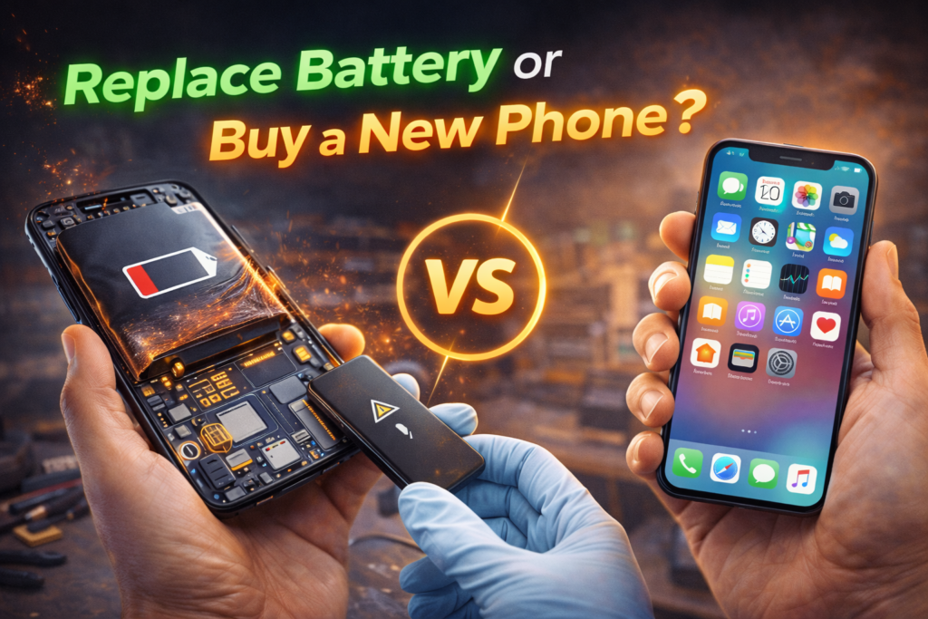 Replace phone battery or buy a new phone comparison showing old smartphone with low battery versus new device