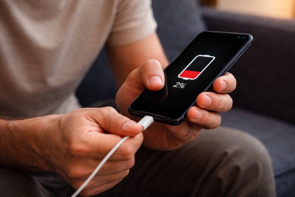 Person holding a charging cable at a specific angle to keep a phone charging, showing a loose charging port issue