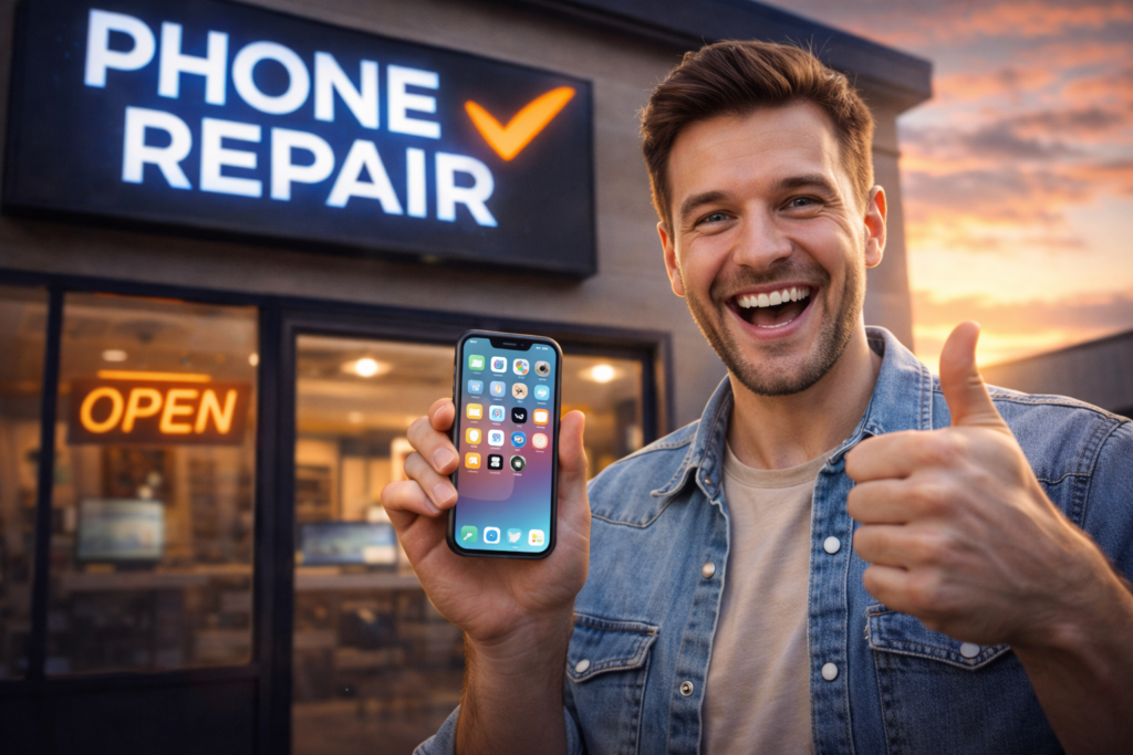 Happy customer using phone after successful same-day repair