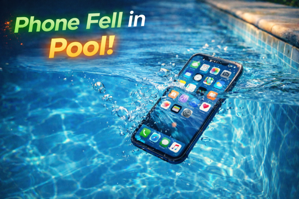 Smartphone submerged in water after falling into a pool, showing common phone water damage issue