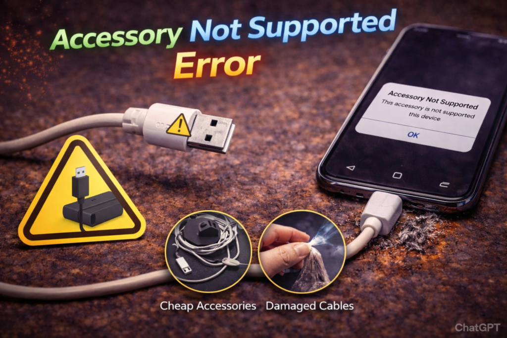 Accessory Not Supported error on smartphone screen connected to faulty USB charging cable, highlighting causes like cheap accessories and damaged cables with warning symbol illustration.