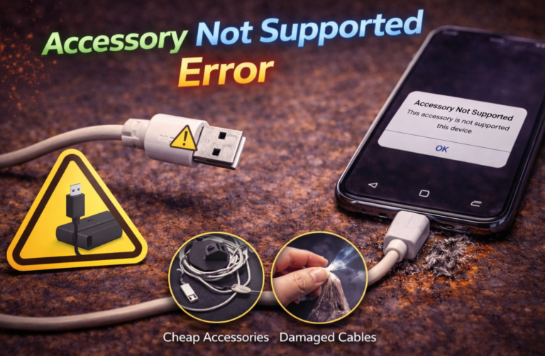 Accessory Not Supported error on smartphone screen connected to faulty USB charging cable, highlighting causes like cheap accessories and damaged cables with warning symbol illustration.