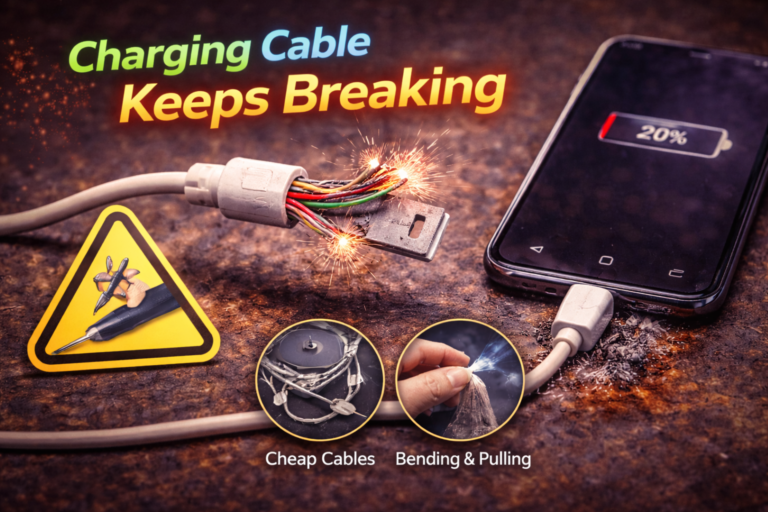 Frayed phone charging cable caused by damaged charging port connection