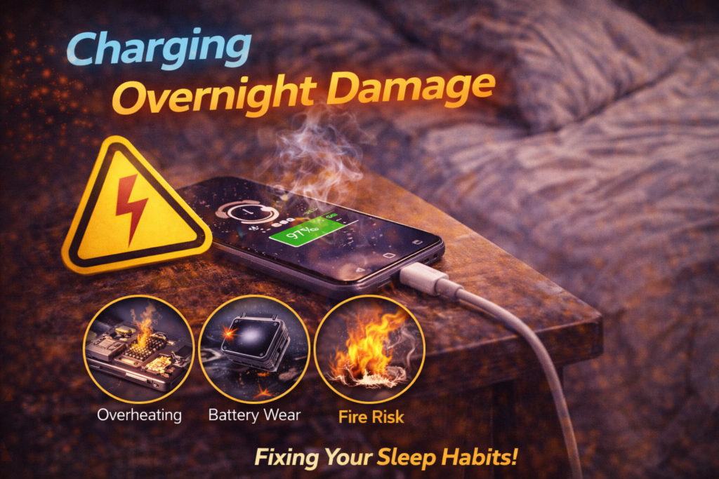 Charging phone overnight at 100 percent battery illustrating long-term battery wear and potential charging damage