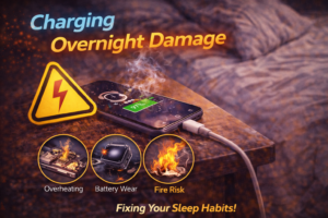 Charging phone overnight at 100 percent battery illustrating long-term battery wear and potential charging damage