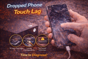 Cracked smartphone screen with delayed touch response after being dropped, illustrating touch lag caused by internal screen damage.