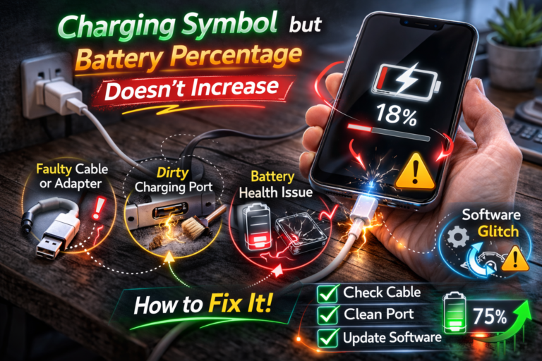 Smartphone plugged into charger showing charging symbol but battery percentage stuck at low level, illustrating charging port or battery failure issue.