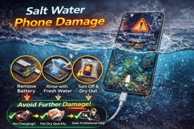 Smartphone submerged in ocean water with visible corrosion warning, illustrating salt water phone damage and need for professional water damage repair.