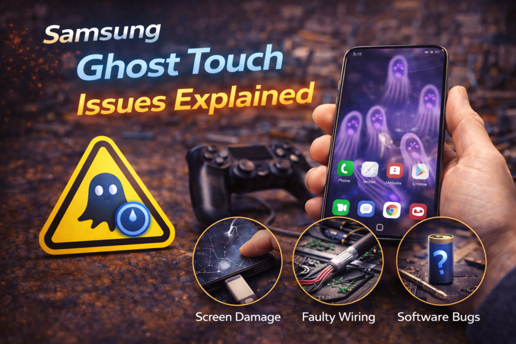 Samsung smartphone experiencing ghost touch issue with screen registering touches on its own