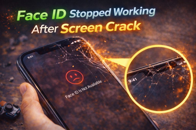 iPhone with cracked screen showing Face ID not working due to internal sensor damage
