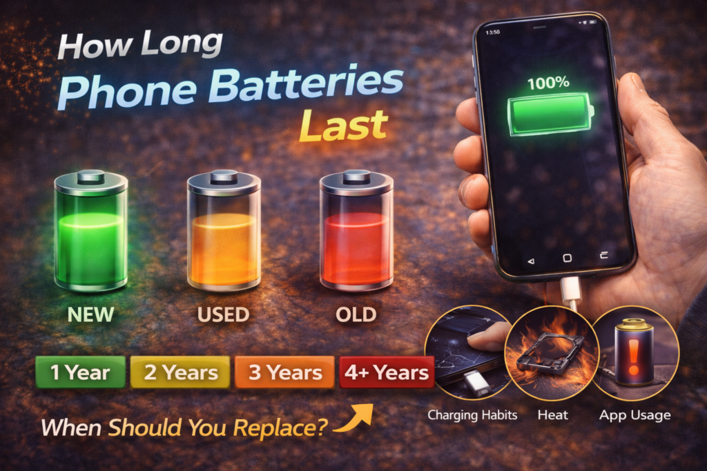 Smartphone battery lifespan illustration showing how long phone batteries last before replacement is needed