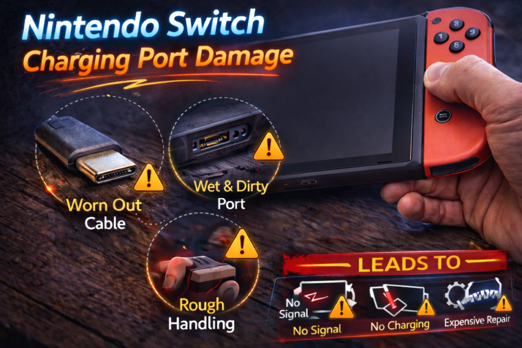 Nintendo Switch console showing charging port damage causes including worn cable, dirty port, and rough handling leading to no charging issues