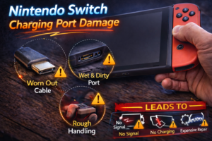 Nintendo Switch console showing charging port damage causes including worn cable, dirty port, and rough handling leading to no charging issues