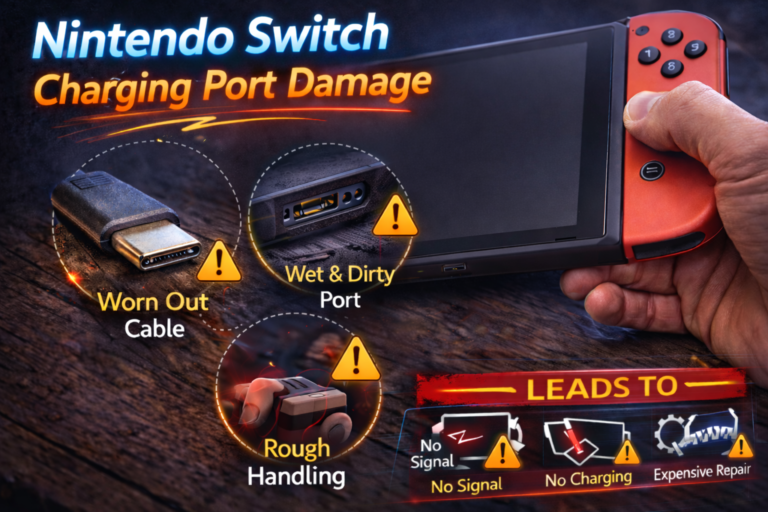 Nintendo Switch console showing charging port damage causes including worn cable, dirty port, and rough handling leading to no charging issues