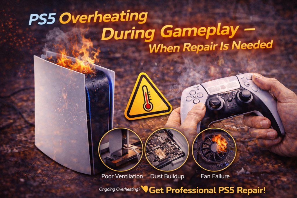 PS5 overheating during gameplay with warning message on screen and visible console heat vents, indicating need for professional repair service.