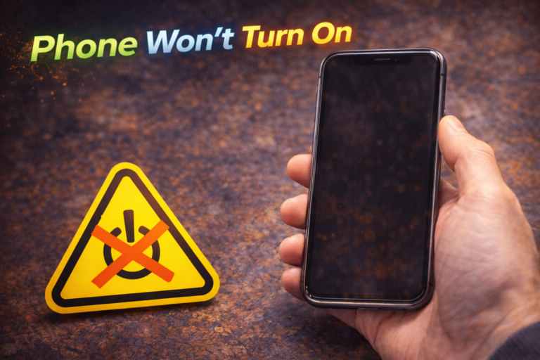 Phone will not turn on showing black screen, indicating internal power or battery failure requiring professional repair