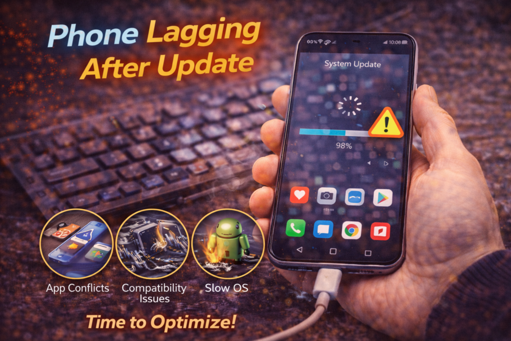 Smartphone displaying slow performance and loading screen after software update, illustrating phone lagging issue requiring diagnostic software repair.