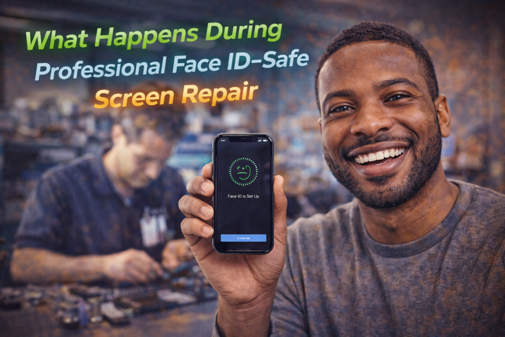 Happy customer after professional Face ID–safe iPhone screen repair at a local phone repair shop