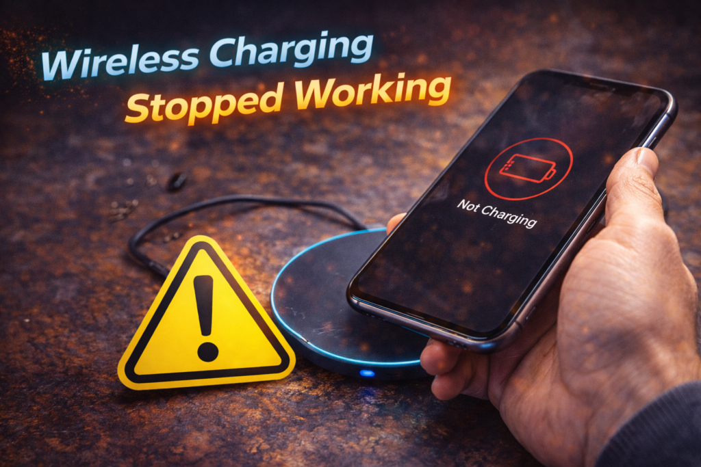 Wireless charging stopped working as a smartphone fails to charge on a wireless charging pad, indicating internal charging or power issue