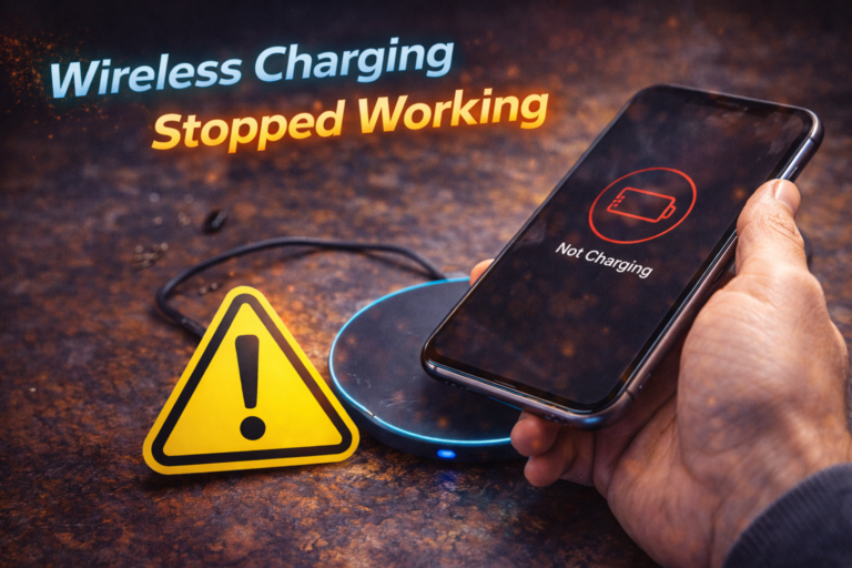 Wireless charging stopped working as a smartphone fails to charge on a wireless charging pad, indicating internal charging or power issue