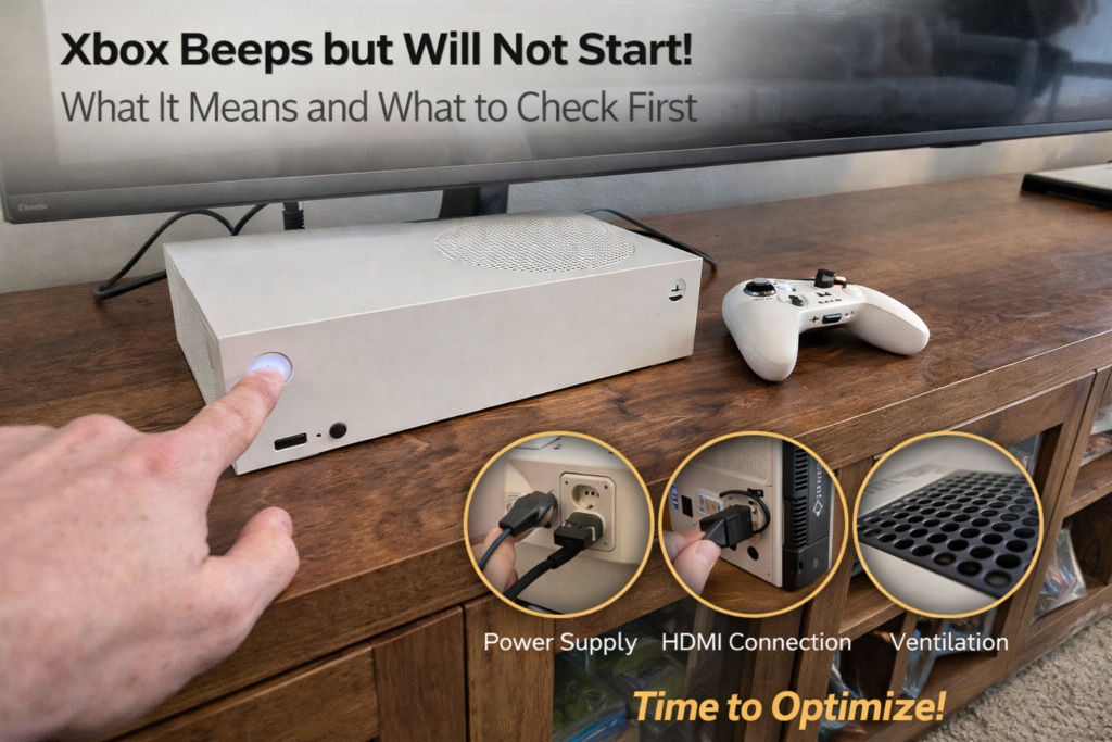 Xbox Series X beeps when power button is pressed but shows no display on TV, highlighting possible startup or hardware issue.