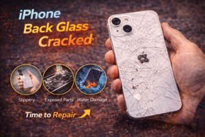 Cracked iPhone back glass with visible shattered rear panel damage, showing the need for professional back glass repair service.