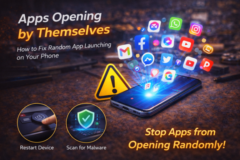Apps opening by themselves on smartphone with warning sign and floating app icons showing how to fix random app launching on a phone.
