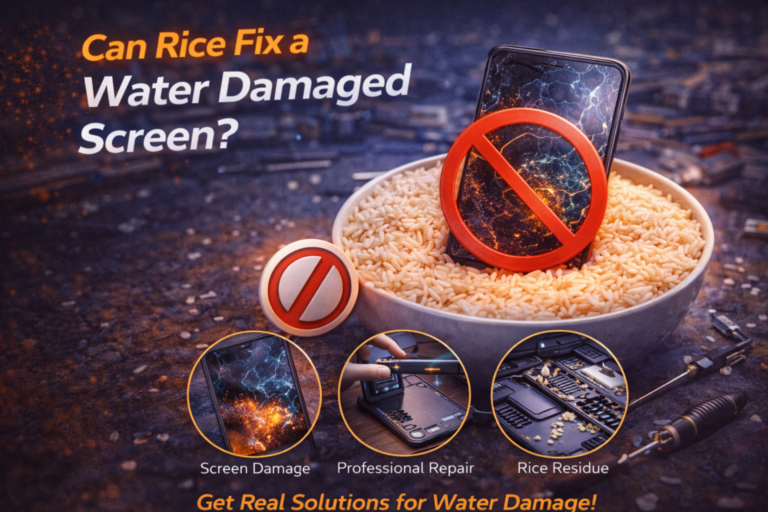 Smartphone placed in a bowl of rice with cracked water-damaged screen and warning symbol illustrating whether rice can fix water damaged phone screens.