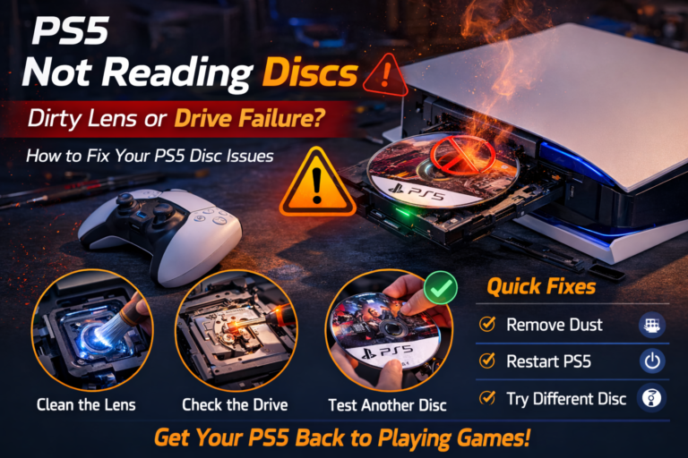 PS5 not reading discs with warning sign showing possible dirty lens or disc drive failure and troubleshooting steps.