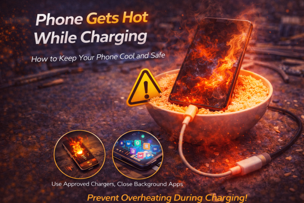 Smartphone overheating while charging with warning symbol and tips to prevent phone overheating during charging.