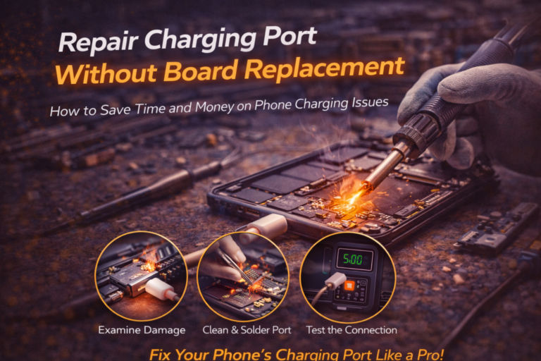 Technician repairing a smartphone charging port with soldering tool showing how to repair charging port without board replacement.