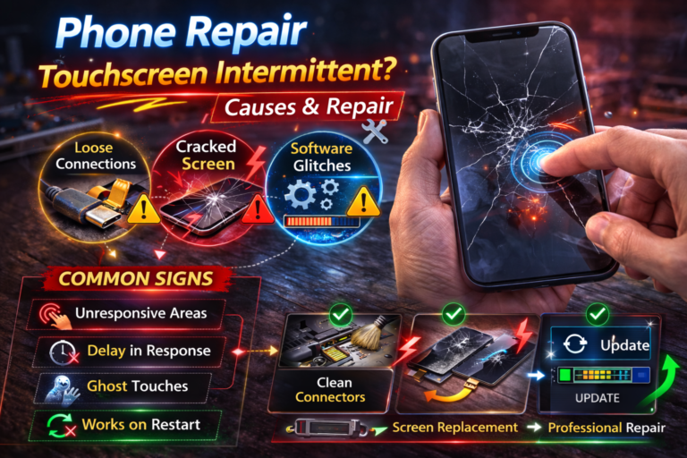 Smartphone with cracked screen showing intermittent touchscreen issue infographic with causes and repair solutions